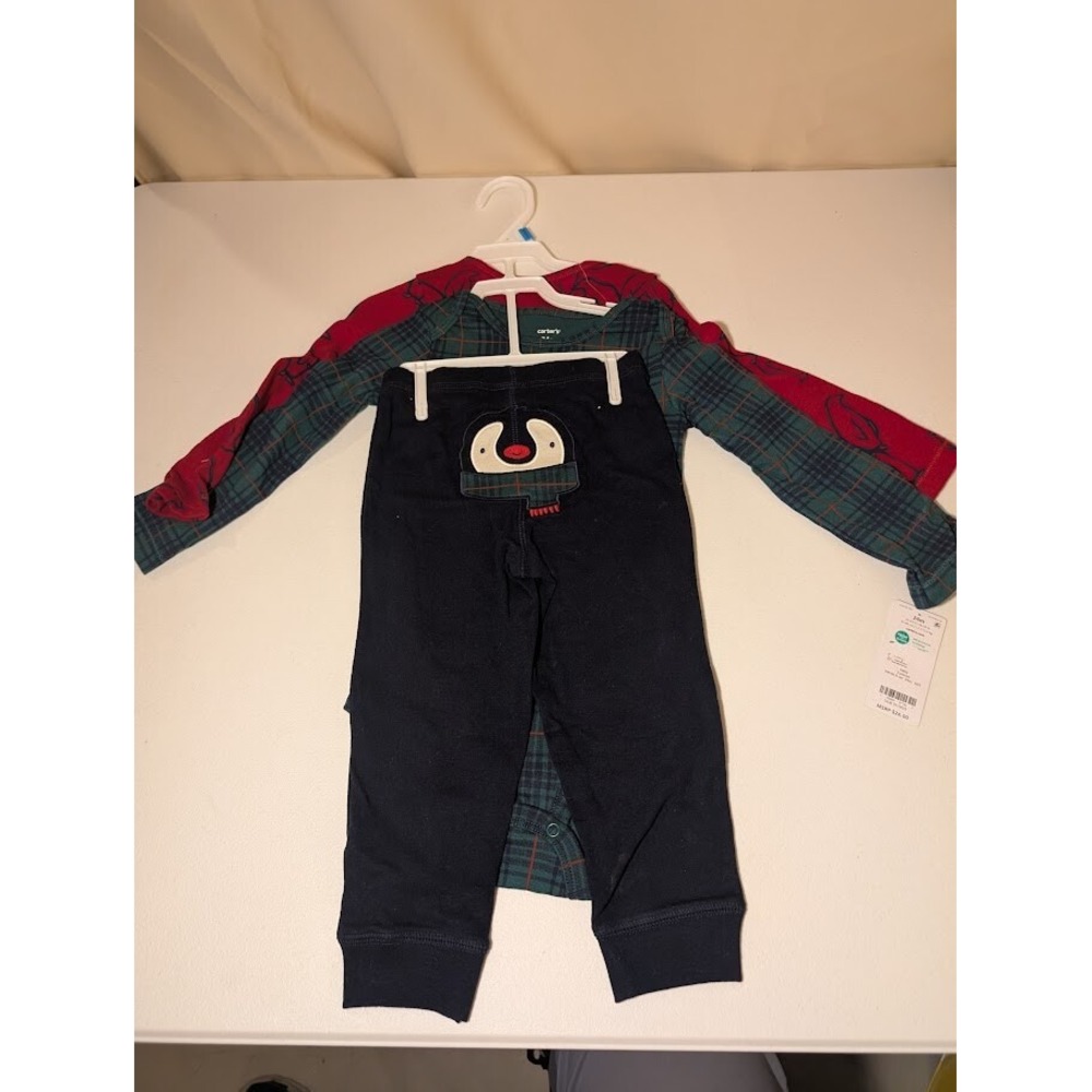 Carter's Baby 3-Piece Set Red Penguin Bodysuit Plaid Shirt Pants 24M New - Picture 1 of 4